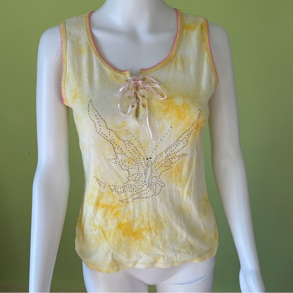VTG Y2K LAPIS YELLOW STUDDED BUTTERFLY GRAPHIC TANK TOP SIZE MEDIUM